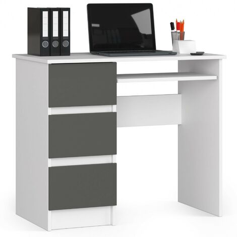 Bureau d'ordinateur AKORD gauche A6 Blanc 90 cm 3 tiroirs façade Gris Graphite 1 étagère 90x50x77 cm