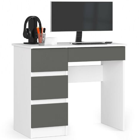 Akord – Bureau enfant gauche A7 blanc 90 cm – 4 tiroirs façade gris graphite – Panneau stratifié – Dimensions 90x50x77 cm