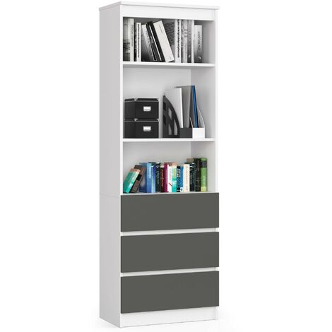Akord – Bibliothèque enfant 60 cm – 3 tiroirs gris graphite – 3 étagères – Panneau stratifié – Hauteur 180 cm – Profondeur 35 cm