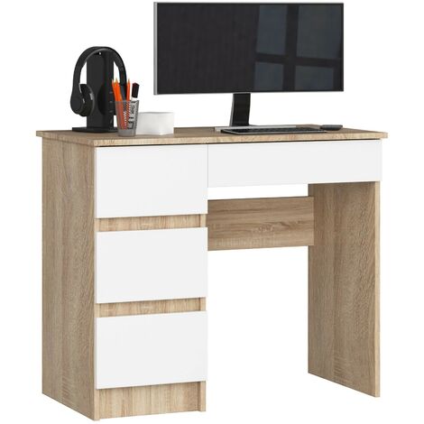 Akord – Bureau enfant 90 cm – 4 tiroirs – Chêne sonoma et blanc – Dimensions 90x50x77 cm – Panneau stratifié pour durabilité (1/5)