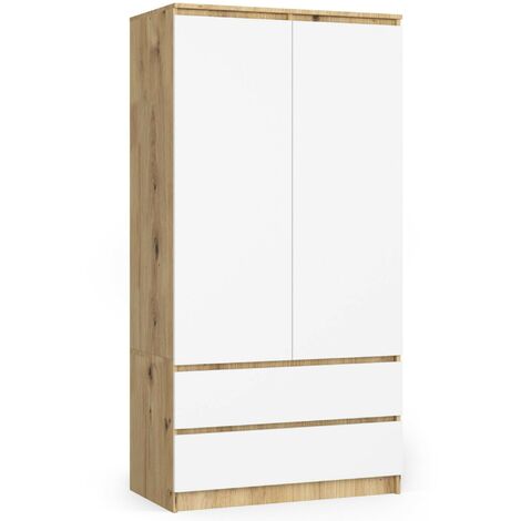Akord – Armoire enfant 90 cm – 2 portes – 2 tiroirs – 4 étagères – Chêne artisanal et blanc – Dimensions 90x51x180 cm (1/5)