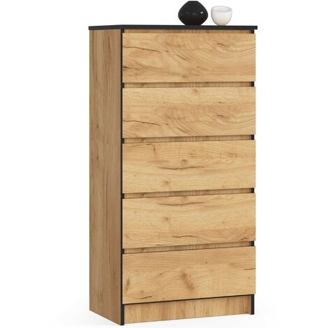 Akord – Commode 5 tiroirs en chêne craft 60 cm – Dimensions 60x40x121 cm – Limiteur d'extension de tiroir – Armoire sur pied