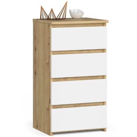Akord – Commode 4 tiroirs chêne artisan 40x35x74 cm – Façade blanche – Panneau stratifié – Limiteur d'extension de tiroir