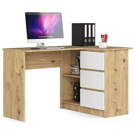 Bureau AKORD d'angle droit B16 Chêne Artisan 124 cm 3 tiroirs façade Blanche 2 étagères 124x85x77 cm