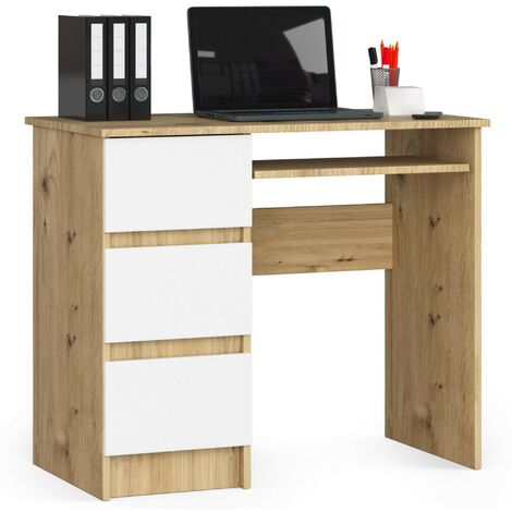 Bureau d'ordinateur AKORD gauche A6 Chêne Artisan 90 cm 3 tiroirs façade Blanche 1 étagère 90x50x77 cm