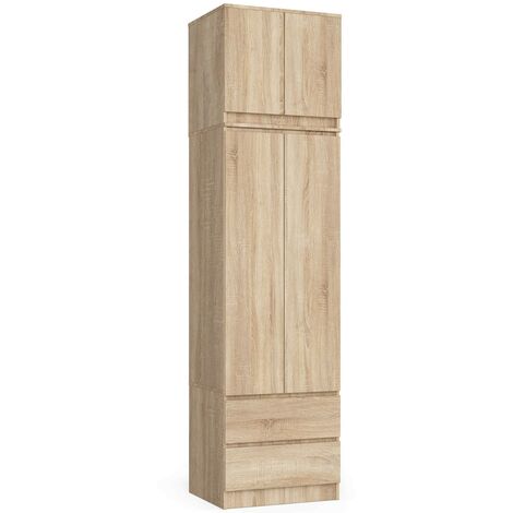 Akord – Armoire surmeuble 60 cm chêne sonoma – 2 portes battantes – 2 tiroirs – 3 étagères – Hauteur 234 cm – Panneau stratifié