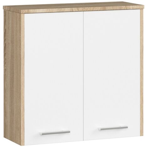 Akord – Armoire murale de salle de bain 60 cm – 2 portes battantes – Chêne sonoma et façade blanche – 2 étagères – Installation murale (1/5)