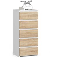 Akord – Commode enfant 5 tiroirs blanche – Façade chêne sonoma – Dimensions 40x35x92 cm – Panneau stratifié résistant