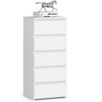 Akord – Commode enfant 5 tiroirs blanche 40x35x92 cm – Panneau stratifié – Rails à roulettes – Assemblage facile