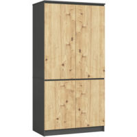 Akord – Armoire 4 portes gris graphite avec façade chêne artisan – 4 étagères – Dimensions 90x51x180 cm – Panneau stratifié
