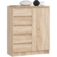 Akord – Commode 80 cm chêne sonoma – 1 porte – 5 tiroirs – 3 étagères – Dimensions 80x35x97 cm – Panneau stratifié durable