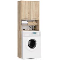 Meuble colonne salle de bain 64 cm – 2 portes battantes – 4 étagères – Panneau stratifié Chêne Sonoma – Hauteur 180 cm – Profondeur 30 cm – Abamihome