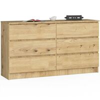 Akord – Commode enfant 138 cm – 6 tiroirs – Panneau stratifié chêne artisan – Dimensions 138x40x77 cm – Limiteur d'extension de tiroir