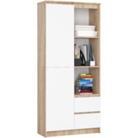 Akord – Bibliothèque de bureau 80 cm – Chêne sonoma – 1 porte, 2 tiroirs, 7 étagères – Finition mate blanche – Dimensions 80x35x180 cm