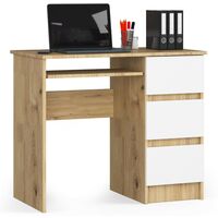 Bureau d'ordinateur AKORD droit A6 Chêne Artisan 90 cm 3 tiroirs façade Blanche 1 étagère 90x50x77 cm