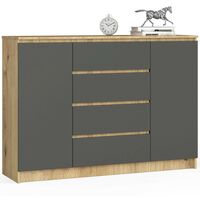 Akord – Commode 138 cm 2 portes 4 tiroirs – Façade gris graphite – Chêne artisan – 4 étagères – Dimensions 138x40x99 cm