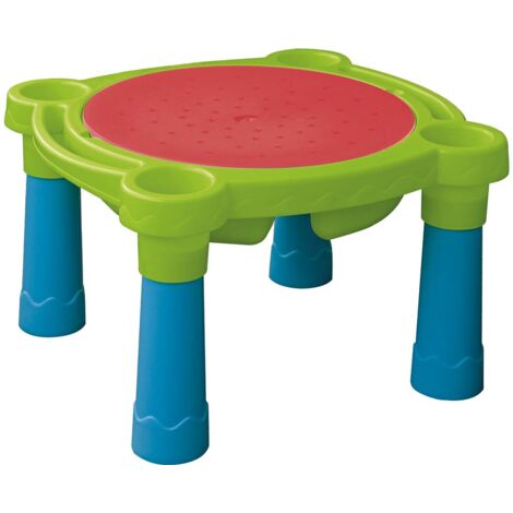 Habitat Et Jardin – Table de jeux d'extérieur pour enfants 73,5x73,5cm – Bac à sable et eau – Plastique bleu, rouge, vert – Pour 4 enfants