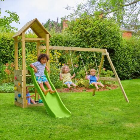 Aire de jeux GESSETTE avec toit - plateforme - échelle - mur d'escalade - 2 balançoires - toboggan h210 cm
