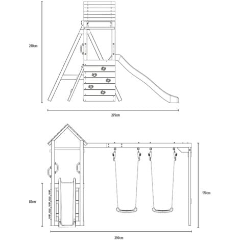 Aire de jeux GESSETTE avec toit - plateforme - échelle - mur d'escalade - 2 balançoires - toboggan h210 cm