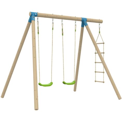 Tp Toys – Portique en bois traité autoclave 2 balançoires – Échelle corde incluse – Hauteur 224 cm – Kit d'ancrage pour sécurité renforcée