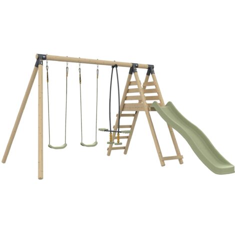 Station BARBOUZET 2 balançoires - vis-à-vis - toboggan - kit d'ancrage - bois FSC® h224 cm