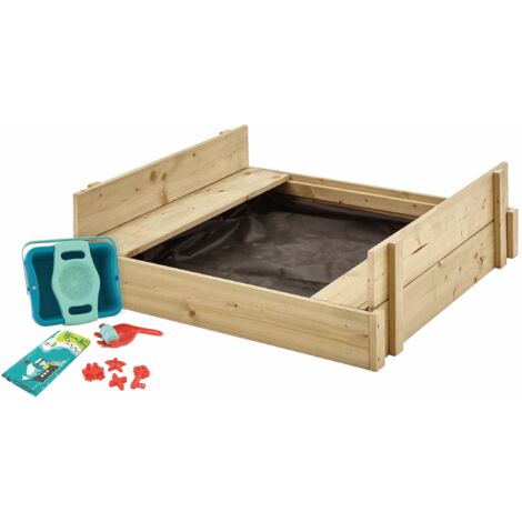 Bac à sable bois FSC® avec bancs intégrés et kit de jeux EXPLORATEUR