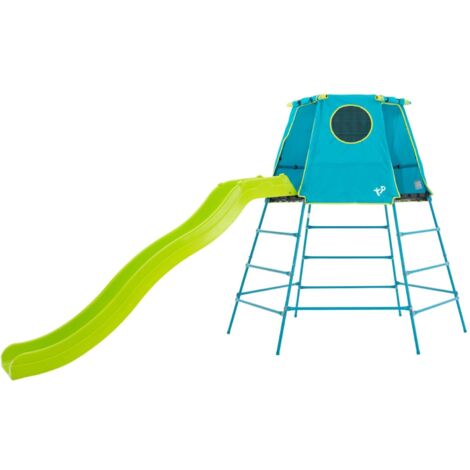 Tp Toys – Aire de jeux métal explorer tour bleu – toboggan 2,2m – hublot – kit d'ancrage – hauteur 201 cm – pour enfants 3 à 12 ans