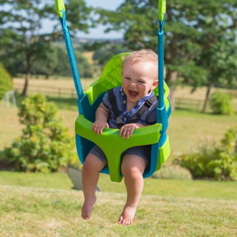 Aire de jeux KINGSWOOD balançoire - bras de portique - fauteuil bébé - kit d'ancrage - bac à sable - bois FSC® h306 cm