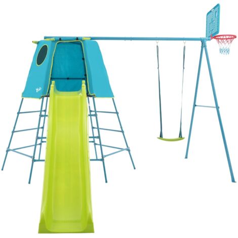 Tp Toys – Aire de jeux métal explorer tour bleu – toboggan 220 cm – balançoire et panier de basket – hauteur 246 cm – pour enfants 3 à 12 ans (1/5)