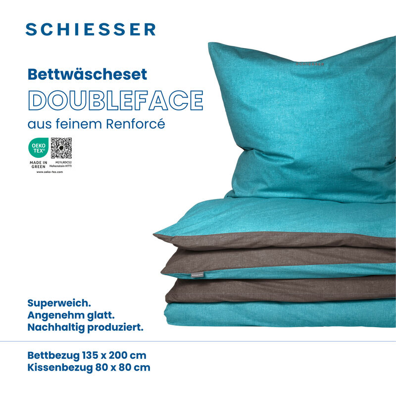 Schiesser Wendebettwäsche Doubleface Türkis-Anthrazit 135x200cm, 100%  Baumwolle
