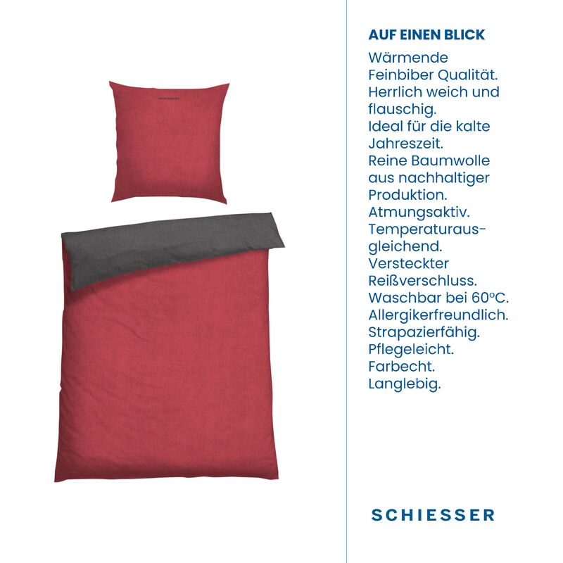 Schiesser Feinbiber Wendebettwäsche Doubleface Baumwolle Rot-Anthrazit, 135x200cm, 100