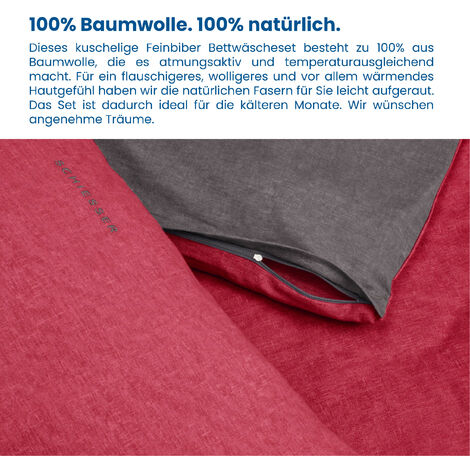 135x200cm, Feinbiber Baumwolle 100% Schiesser Doubleface Wendebettwäsche Rot-Anthrazit,