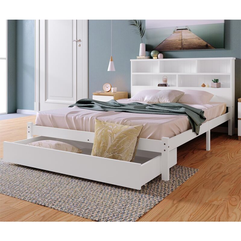 4ft6 Double Bed Bed with Shelves and Drawer White Wooden Storage Bed 135 x 190 cm