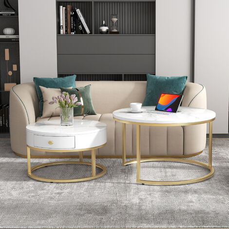 Set of 2 Round Coffee Tables with drawers,  Set of 2 End Table, Gold Metal Frame Legs, and Marble Pattern Top for Living Room - White