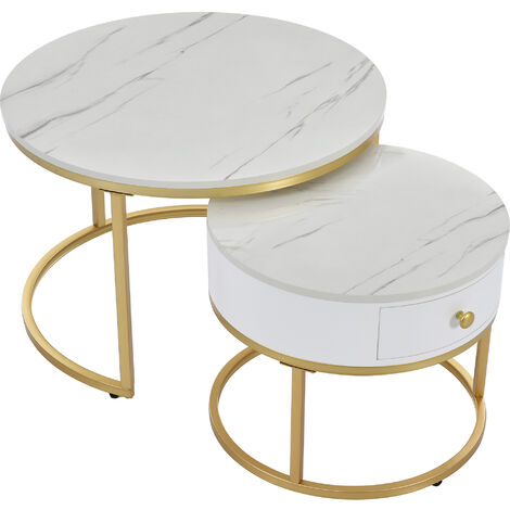 Set of 2 Round Coffee Tables with drawers,  Set of 2 End Table, Gold Metal Frame Legs, and Marble Pattern Top for Living Room - White