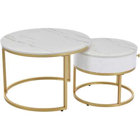 Set of 2 Round Coffee Tables with drawers,  Set of 2 End Table, Gold Metal Frame Legs, and Marble Pattern Top for Living Room - White