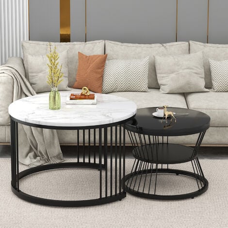 Set of 2 Round Coffee Tables,  Set of 2 End Table, Metal Frame Legs, and Marble Pattern Top for Living Room - grey