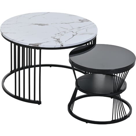 Set of 2 Round Coffee Tables,  Set of 2 End Table, Metal Frame Legs, and Marble Pattern Top for Living Room - grey