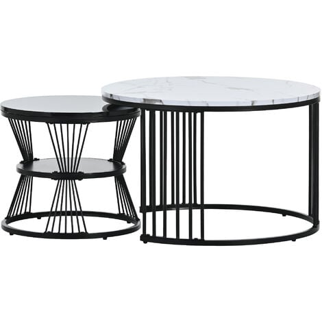 Set of 2 Round Coffee Tables,  Set of 2 End Table, Metal Frame Legs, and Marble Pattern Top for Living Room - grey