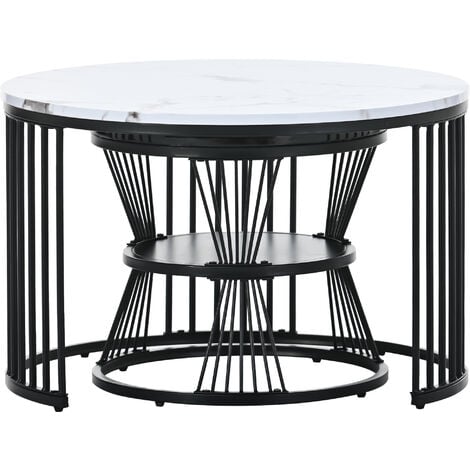 Set of 2 Round Coffee Tables,  Set of 2 End Table, Metal Frame Legs, and Marble Pattern Top for Living Room - grey