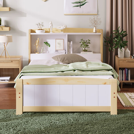 3FT Single Bed with Shelves, Single bed with storage bed, white & natural, 90x190 cm