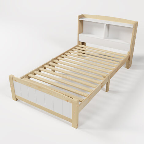 3FT Single Bed with Shelves, Single bed with storage bed, white & natural, 90x190 cm