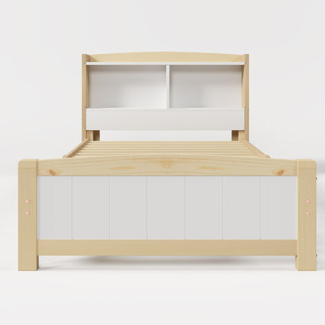 3FT Single Bed with Shelves, Single bed with storage bed, white & natural, 90x190 cm