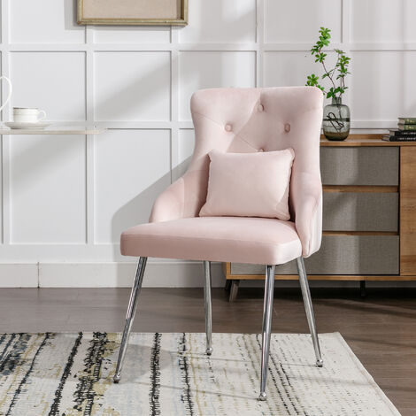 Velvet Dining Chair, Upholstered Armchair, Metal Leg, Modern Lounge Chair, Bedroom Living Room Chair with Lumbar Cushion, Pink