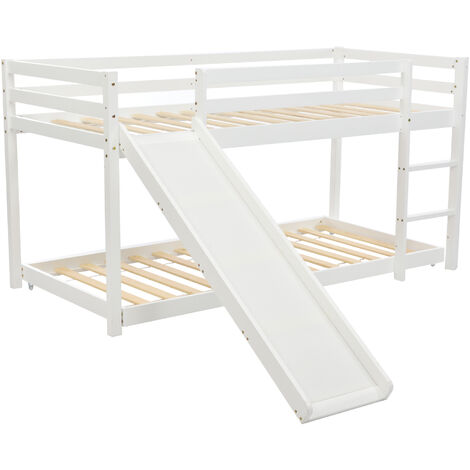 Bunk Bed with Slide, Solid Pine Wood Frame for Children and Teens, 90x190cm,90x200cm, White