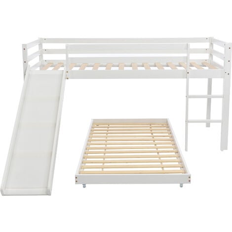 Bunk Bed with Slide, Solid Pine Wood Frame for Children and Teens, 90x190cm,90x200cm, White