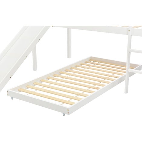 Bunk Bed with Slide, Solid Pine Wood Frame for Children and Teens, 90x190cm,90x200cm, White