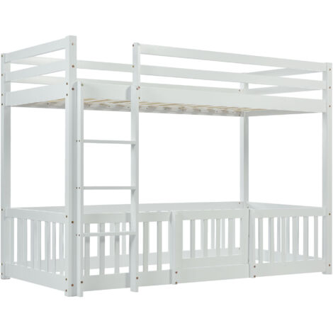 3FT Bunk Bed, Bed with Ladder, Children's Bed with Fall Protection and Railings, Solid Wood, White (190x90cm)