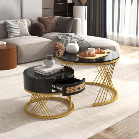 Set of 2 Round Coffee Tables, Set of 2 End Table, Metal Frame Legs, and Marble Pattern Top for Living Room -Rattan decoration - Black (1/5)