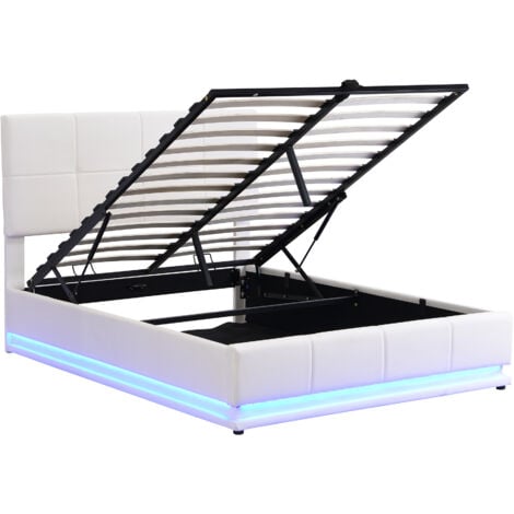 Ottoman Storage Bed with LED, PU Faux Leather Upholstered Bed Frame with Gas Lift Large Storage, 4ft6, for Bedroom Furniture, White